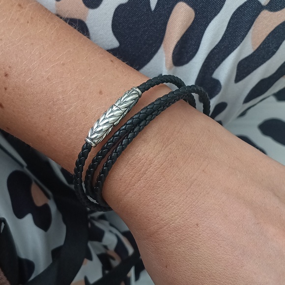 David Yurman Sterling Silver Black Leather Chevron Triple Row Wrap Bracelet - Picture 2 of 4